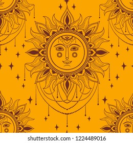 Esoteric seamless pattern with face of sun and royal ornament, boho style, yellow color, vector illustration