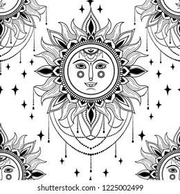 Esoteric seamless pattern with face of sun and royal ornament, boho style, vector illustration