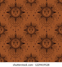 Esoteric seamless pattern with face of sun and royal ornament, boho style, vector illustration