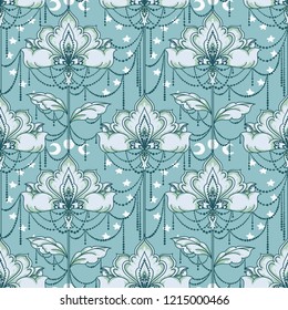 Esoteric seamless pattern with flowers, moons and stars, cold palette, sketch style vector illustration