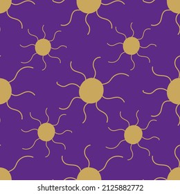 Esoteric seamless pattern with hand drawn magic gold sun on purple background. Vector illustration.