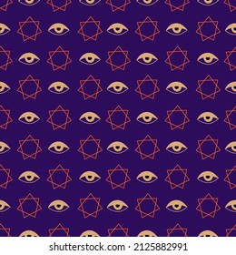 Esoteric seamless pattern with hand drawn magic symbols on purple background. Vector illustration.