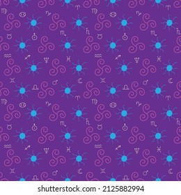 Esoteric seamless pattern with hand drawn magic symbols and zodiac signs on purple background. Vector illustration.