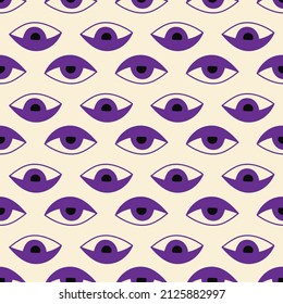 Esoteric seamless pattern with hand drawn magic purple eyes on beige background. Vector illustration.