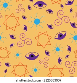 Esoteric seamless pattern with hand drawn magic symbols on yellow background. Vector illustration.