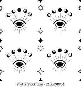 Esoteric seamless pattern with moon phases, stars, chakra, third eye
