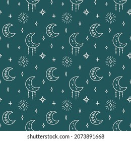 Esoteric seamless pattern with mystic crescent and stars on the emerald background