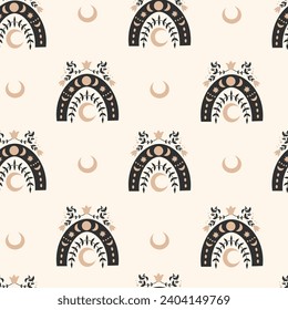 Esoteric seamless pattern with rainbow and crescent. Decorative celestial repeat vector illustration of flourish arc shapes, flowers, twig, branch, moon on beige background