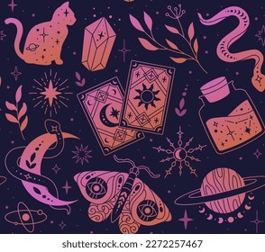 Esoteric seamless pattern. Repeating design element for printing on fabric. Silhouettes of sacred snake, cat and butterfly. Magic vintage black gothic template. Cartoon flat vector illustration