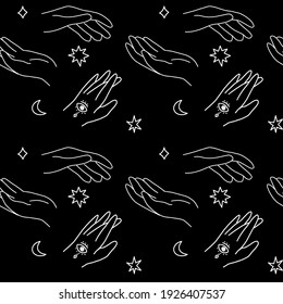Esoteric seamless pattern with wooman hands and magic symbols. Vector illustration