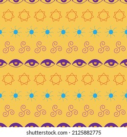 Esoteric seamless striped pattern with hand drawn magic symbols on yellow background. Vector illustration.