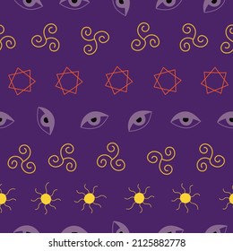 Esoteric seamless striped pattern with hand drawn magic symbols on purple background. Vector illustration.