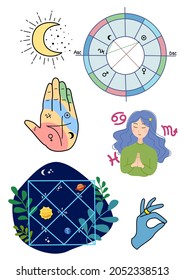 Esoteric set. Astrology, Natal chart Vedic and Zoroastrian. Palmistry. Various symbols. Vector illustration, flat design