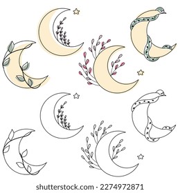 Esoteric set with crescents. Silhouette and colorful. Vector illustration