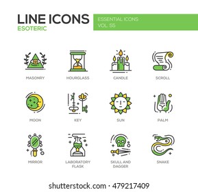 Esoteric - set of modern vector line design icons and pictograms. Masonry, hourglass, candle, scroll, moon, key, sun, hand palm, mirror, laboratory flask skull and dagger snake