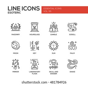 Esoteric - set of modern vector plain line design icons and pictograms. Masonry, hourglass, candle, scroll, moon, key, sun, hand palm, mirror, laboratory flask skull and dagger snake