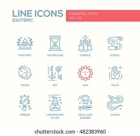 Esoteric - set of modern vector plain line design icons and pictograms. Masonry, hourglass, candle, scroll, moon, key, sun, hand palm, mirror, laboratory flask skull and dagger snake