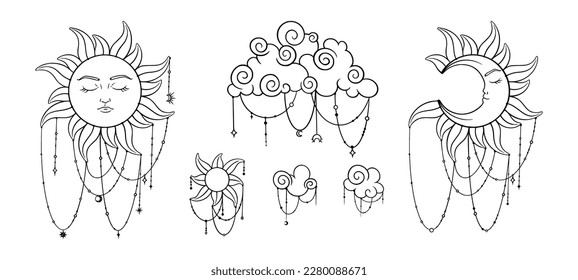 Esoteric set with tarot, astrology and occultism symbols. Spiritual tarot elements of sun, crescent moon, stars and clouds. Vector illustration isolated in white background