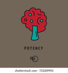 Esoteric sign of potency, strong mighty tree, symbol of power, might and mightiness. Metaphysic logo +different icon below. Organic card, natural cover. Symbolic illustration.