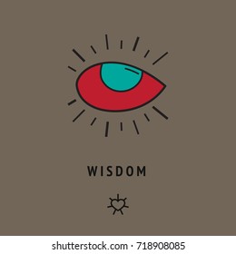 Esoteric sign of sparkling eye, symbol of wisdom, care and compassion. Philosophical logo +different icon. Yoga card, tantra cover. Mysterious spiritual symbolic illustration.
