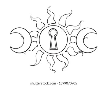 Esoteric sign of the sun and moons with a keyhole