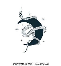 Esoteric snake moon print. Mystic tattoo in boho style. Celestial poster. Spiritual lunar illustration.