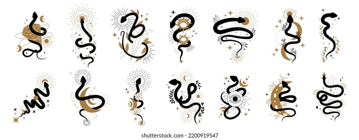 Esoteric Snake Set. Mystery Symbol, Boho Logo Collection. Astrology Witch Element, Gothic Witchcraft Sign, Vintage Alchemy Moon. Mystic Reptile Black And Gold Silhouettes. Vector Illustration