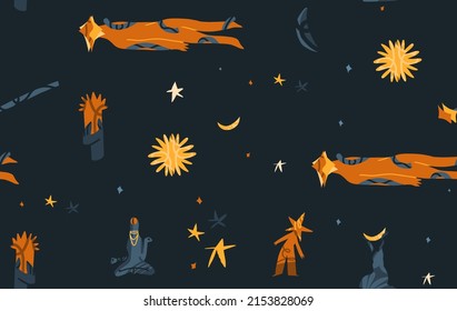 Esoteric space meditating characters with a moon and star.Feminine boho abstract creature magic with stars and moon,seamless pattern.Cartoon style. Hand drawn trendy,isolated Vector illustration.