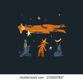 Esoteric space meditating woman character with a moon and star.Feminine boho abstract creature characters doing magic with stars and moon.Cartoon style. Hand drawn trendy,isolated Vector illustration.