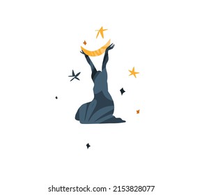 Esoteric space meditating woman character with a moon and star.Feminine boho abstract creature character doing magic with stars and moon.Cartoon style. Hand drawn trendy,isolated Vector illustration.