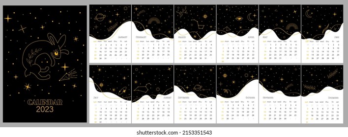 esoteric star calendar for 12 months of 2023. Black calendar with constellations and rabbit. Hare among the stars of the konepiya calendar