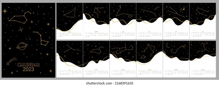 calendario estelar esotérico durante 12 meses de 2023. Calendario negro con constelaciones de signos de zodiaco. Libra, Virgo, Aquarius, Cancer, Pisces, Scorpio, Sagittarius, Aries, Taurus, Gemini, Capricornio, Leo