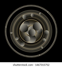 esoteric style atom symbol in dark silver gold shades