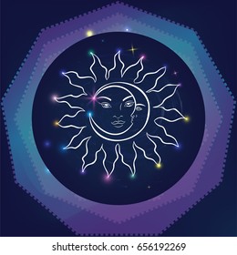 Esoteric stylized moon and sun symbols with wavy rays and human face on mystic galaxy background with glowing stars on cosmic night sky. Sacred geometry new age background for textile or poster print.