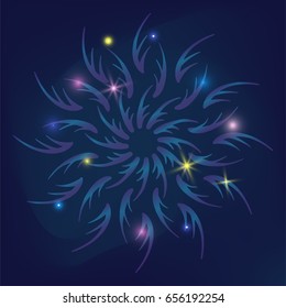 Esoteric stylized sun symbol with shiny rays on mystic galaxy background with colorful glowing stars from the deep cosmic night space, new age background for t shirt, textile, cards or poster print
