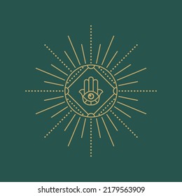 Esoteric sun design element. Trendy boho emblem. Line logo for meditation studios, palmists, alternative healing practices, spiritual, celestial, or others themes. Vector.