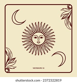 Sol esotérico con cara y luna en un marco hermoso. Ilustración esotérica vectorial. Elemento de diseño para tarjetas, portadas, banners, volantes, invitaciones.