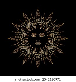 Sol esotérico en estilo de arte de línea sobre fondo blanco.