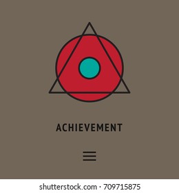 Esoteric symbol of achievement, balance and harmony. Disk in triangle. Philosophical psychological logo and different icon below. Transcendental illustration, abstract wallpaper, symbolic poster.