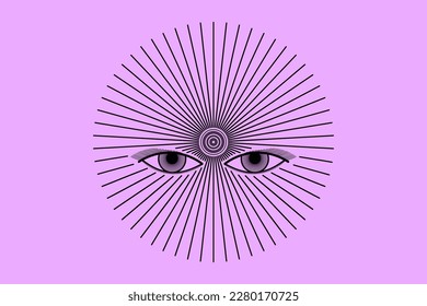 Esoteric symbol. All-seeing eyes of the goddess. Vector linear illustration. Tattoo design.	