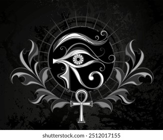 Símbolo esotérico del ojo del dios egipcio Horus, pintado con pintura gris y blanca sobre fondo negro texturizado.