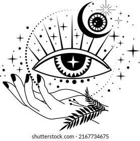 Esoteric symbol with an eye. Eye, moon, stars, sun. Vector illustration.