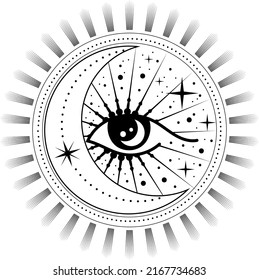 Esoteric symbol with an eye. Eye, moon, stars, sun. Vector illustration.