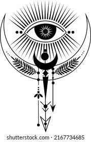 Esoteric symbol with an eye. Eye, moon, stars, sun. Vector illustration.