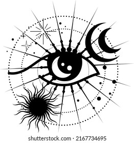 Esoteric symbol with an eye. Eye, moon, stars, sun. Vector illustration.