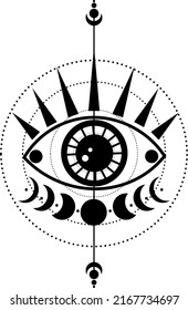 Esoteric symbol with an eye. Eye, moon, stars, sun. Vector illustration.