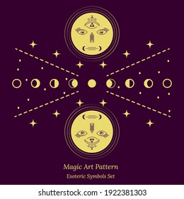 Esoteric symbol of face of moon in reflection, phases of moon. Illustration of magic session, a look into future, connection with universe. Vector drawing for tarot cards, groups, web pages.