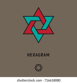 Símbolo estotérico del hexagrama, dos triángulos entrelazados apuntan hacia arriba y hacia abajo. Logo metafísico + icono diferente abajo. Tarjeta de yoga, cubierta de tantra. Ilustración filosófica, fondo de pantalla abstracto, afiche simbólico