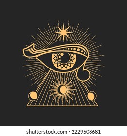 Esoterisches Symbol magisches Auge, okkultistischer Talisman, alle sehen Auge. Vektor-Tätowierungsschild, Vorsicht, Auge, Sonne und Mond, Tarot-Pyramide