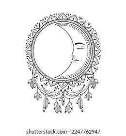Esoteric symbol moon boho vector illustration. Mystical astrology, boho celestial and magic.